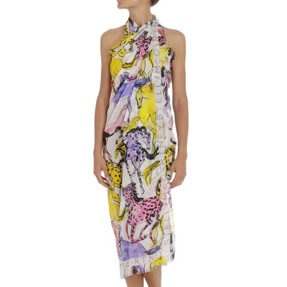 NWT$725 Stella McCartney Horse-Print Cotton-Silk Sarong Shawl Scarf Fringe Wrap - Picture 3 of 16